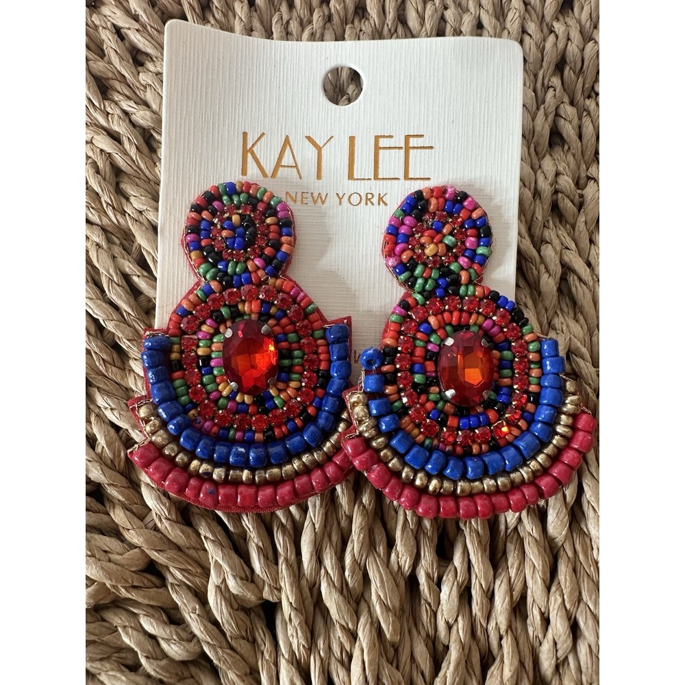 Kay Lee New York Pierced Earrings Bead Boho Geometric Drop Dangle Statement New‎